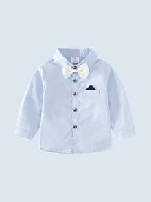 2pcs Baby Boys Gentleman Outfit, Blue Long Sleeve Shirt With Bowknot And Overalls, Fashionable & For Birthday Party, Wedding, Anniversary Celebration - Blue - View 6