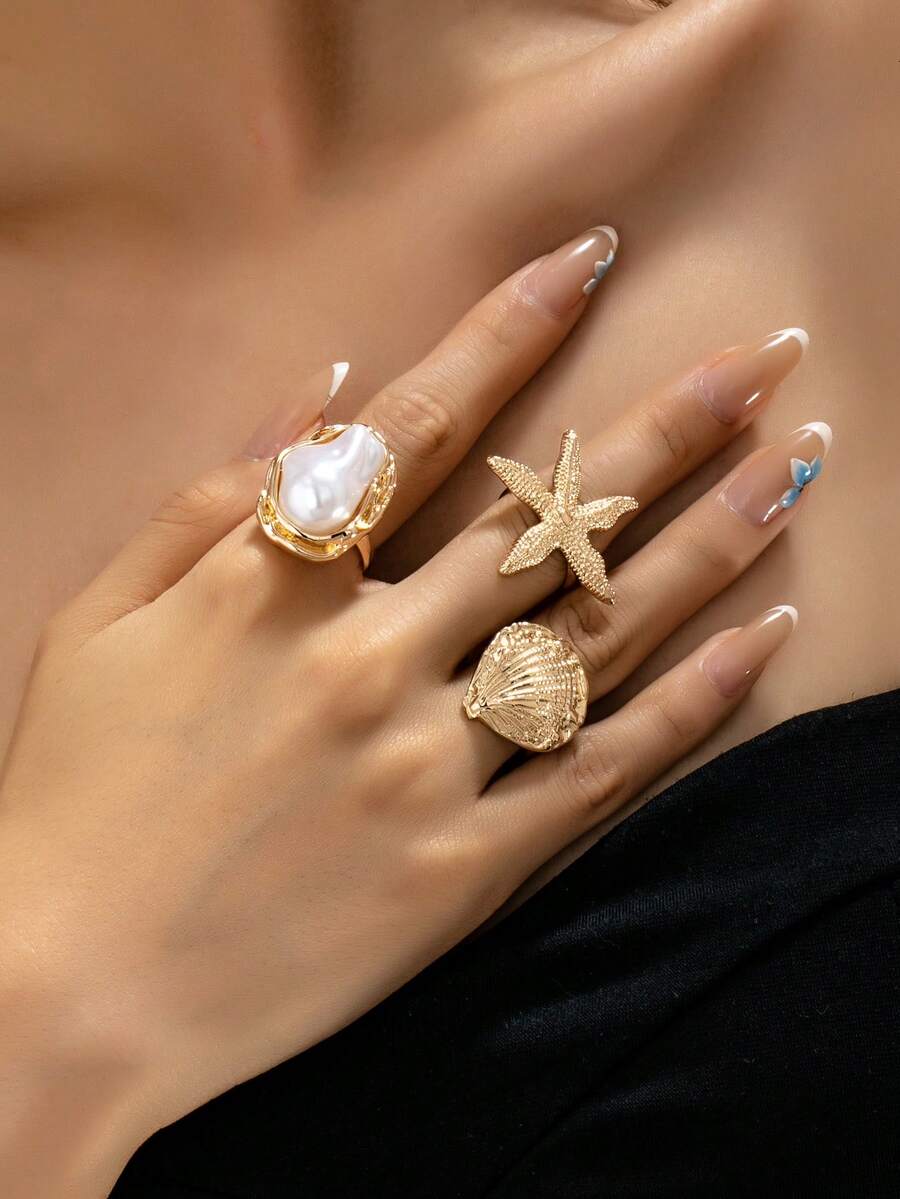 3pcs/Set Stackable Faux Pearl Starfish Ring Set, Summer Vacation Boho Style Rings Accessories, Suitable For Bikini Outfits - Multicolor - View 1