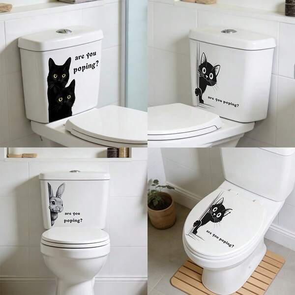 1/3 piezas Pegatina removible e impermeable de PVC autoadhesiva para inodoro, con lindo patrón de gato negro y conejo con el texto "¿Estás en el baño?", adecuado para decoración del hogar y arte de pared