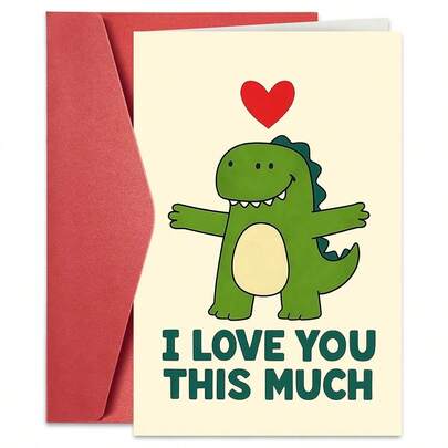 1PC Cute Cartoon Dinosaur Love Card (With Envelope) - "I Love You This Much" Playful Message, Perfect For Couples/Family, Warm & Heartfelt Greeting Card
