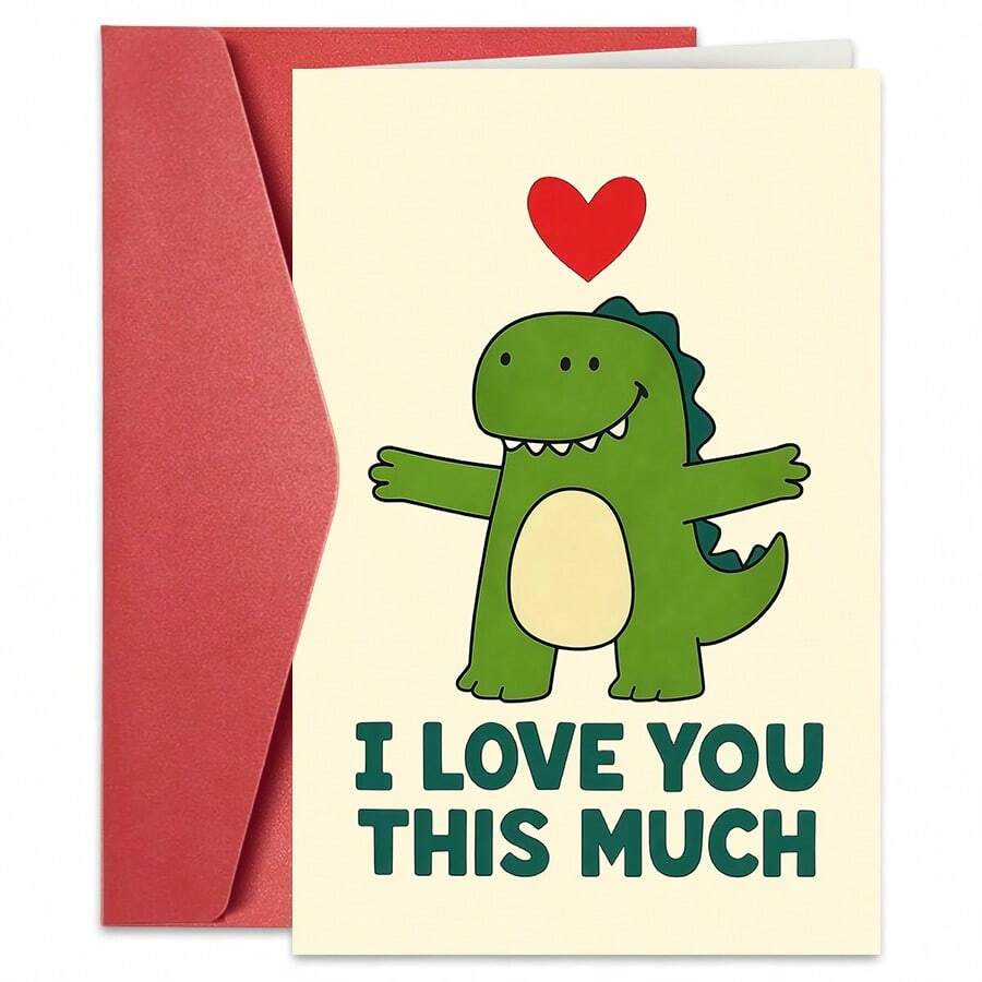 1PC Cute Cartoon Dinosaur Love Card (With Envelope) - "I Love You This Much" Playful Message, Perfect For Couples/Family, Warm & Heartfelt Greeting Card - Multicolor - View 1