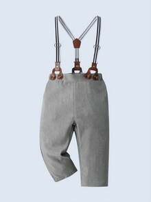 BOARNSEORL 3pcs Baby Boys Gentleman Outfit Set - Long Sleeve Shirt With Bow Tie, Suspender Pants, And Hat, Fashionable And Dapper For Birthday Party, Choir, 1st Birthday, Wedding, Ring Bearer - Light Grey - View 6