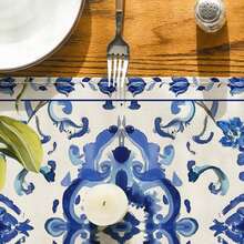 1pc Blue Floral + Lemon Pattern Table Runner, Farmhouse Style Polyester Square Printed Tablecloth, Suitable For Living Room, Coffee Table, Kitchen, Dining Table, Entryway, Summer Decor - Multicolor - View 5