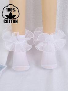 1 par de calcetines de tobillo de algodón de unicolor con volantes de encaje para niños y niñas de todas las estaciones, calcetines de baile, calcetines de princesa para bebés - Blanco - Ver 7