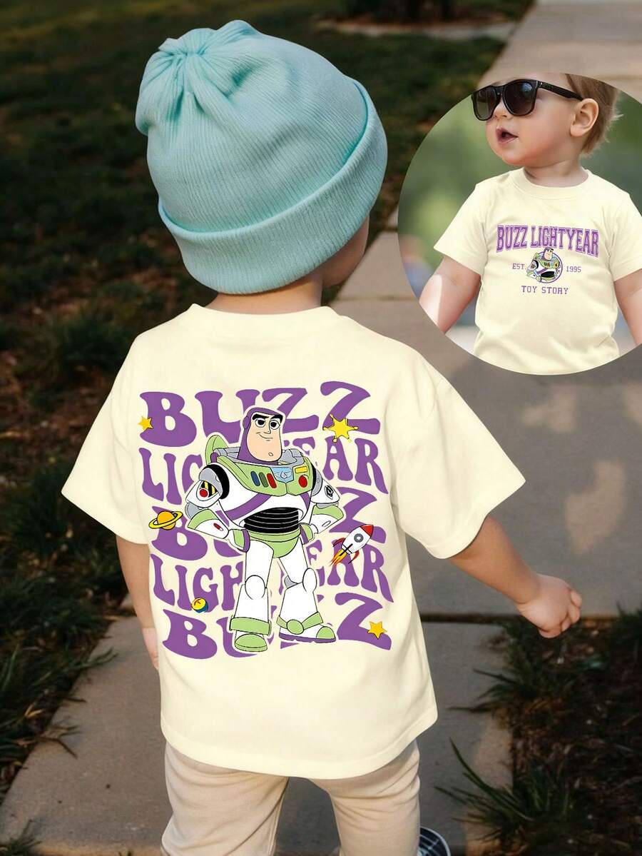 Disney Retro Toy Story Buzz Lightyear Graphic Tee – Lightweight Cotton T-Shirt With Bold Purple Typography & Playful Space Accents For Playdates & Outings - Apricot - View 1