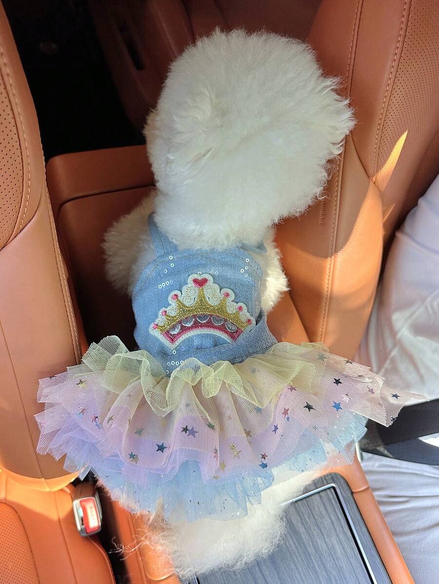 1件宠物连衣裙,欧美风格,可爱彩虹皇冠薄纱裙,适合小型犬猫,时尚舒适 - 彩色 - 查看 1