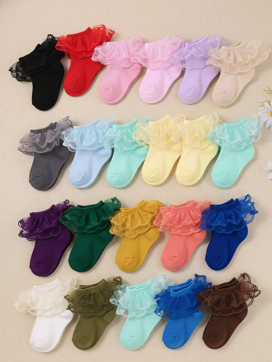 10/5/1 Par Meias de Renda para Bebê em Cores Aleatórias, com Design de Renda Dupla Única e Elegante, Adequado para Bebês Meninas de 0-36 Meses em Festas e Presentes. Essas meias adoráveis são feitas de tecido de malha respirável, macias e confortáveis, combinando com vários looks e vestidos, um presente perfeito para o Dia dos Namorados. - Multicolorido - Visão 1