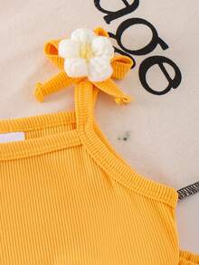 2pcs Baby Girls Floral Camisole Top And Layered Floral Ruffle Bell Bottom Pants Set, Summer - Yellow - View 4