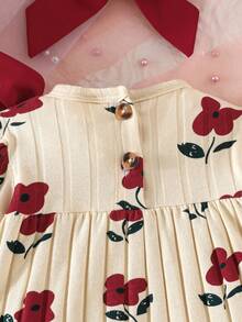 Newborn Baby Girl Gift Set - Dress With Bow, Floral Print & Ribbed Texture, With Socks And Headband - Apricot - View 7