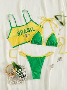 巴西风情三件套泳衣套装 - 黄绿色比基尼，印有“BRASIL”字样，搭配同款罩衫 | 完美适用于夏季海滩度假、泳池派对和热带节日 - 黃色 - 查看 7