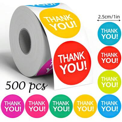 500 piezas/Rollo Pegatinas de garabatos de agradecimiento en inglés de colores, redondas de 1 pulgada, adecuadas para scrapbooking, diarios, decoración DIY, tarjetas, sobres, envoltorios de regalo, excelentes para uso diario y fiestas festivas, pegatina de PVC