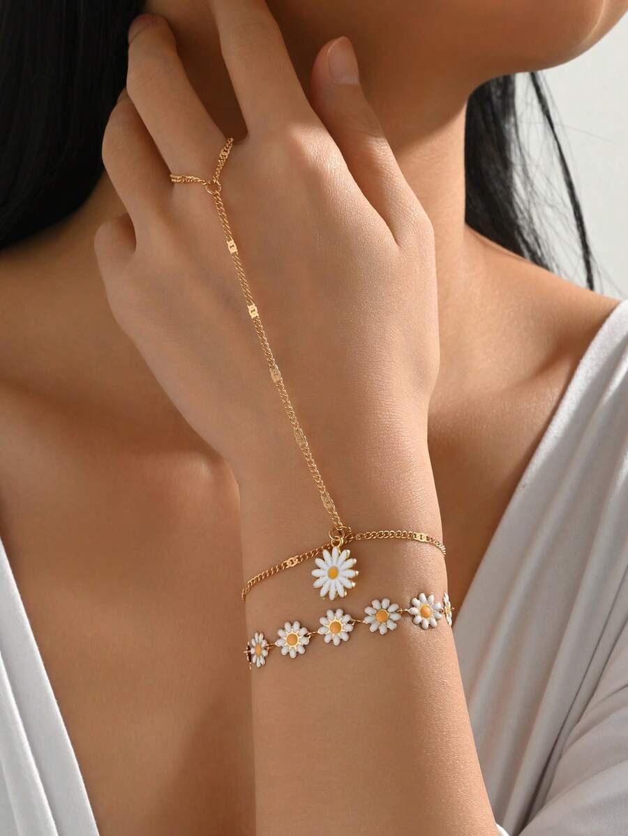 2件/套手工雏菊花链手链，时尚经典雏菊吊坠饰品指链，适合日常佩戴、度假、旅行、购物、拍照装饰。手工链长可定制，花朵数量不固定。 - 彩色 - 查看 1