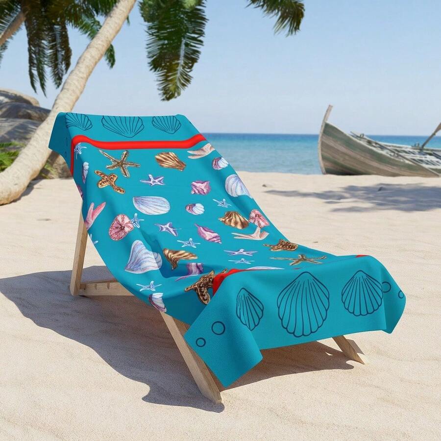 29x58in Ocean-Inspired Beach Towel Starfish & Seashell Print, Nautical Pool Towel, Coastal Summer Throw, Sea Lover Gift Beach Day Essentials, Pool Accessory - E - Xem 1