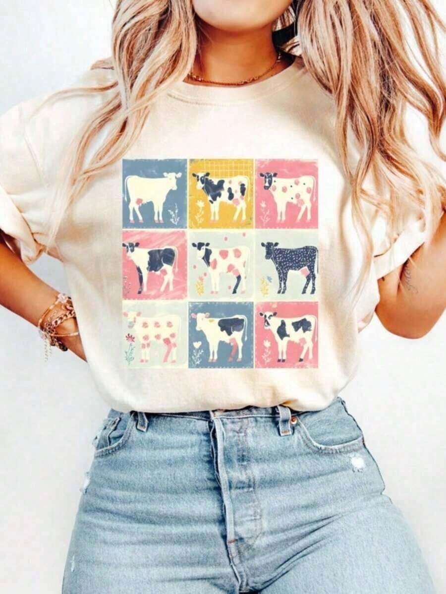 1pcs100% Cotton Cows Patchwork Shirt, Cows  Shirt, Cow Shirt, Cow Lover Shirt, Cow Lover Gift, Homestead Shirt, Cows T-Shirt180gvintage Streetwear  Women's Short Sleeve Tee - trắng - Xem 1