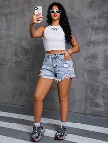 Women's Summer Casual Denim Shorts, Frayed Pockets, Zipper Fly, Light Wash Straight Leg - Light Wash - View 6