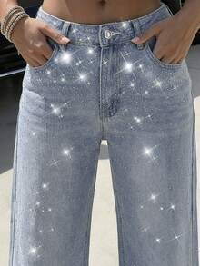 Quần jeans ống rộng cạp trung đính đá lấp lánh phong cách Y2K dành cho nữ, kiểu dáng vintage, chất liệu denim mài bóng. - Rửa nhẹ - Xem 4