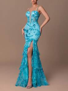 Faeriesty 这款优雅的美人鱼晚礼服饰有珍珠、亮片和花卉刺绣，后背拉链设计，高开衩剪裁，适合正式场合——非常适合婚礼招待会、黑领结晚宴、红毯活动、慈善晚会和颁奖典礼。 - 青碧色 - 查看 4