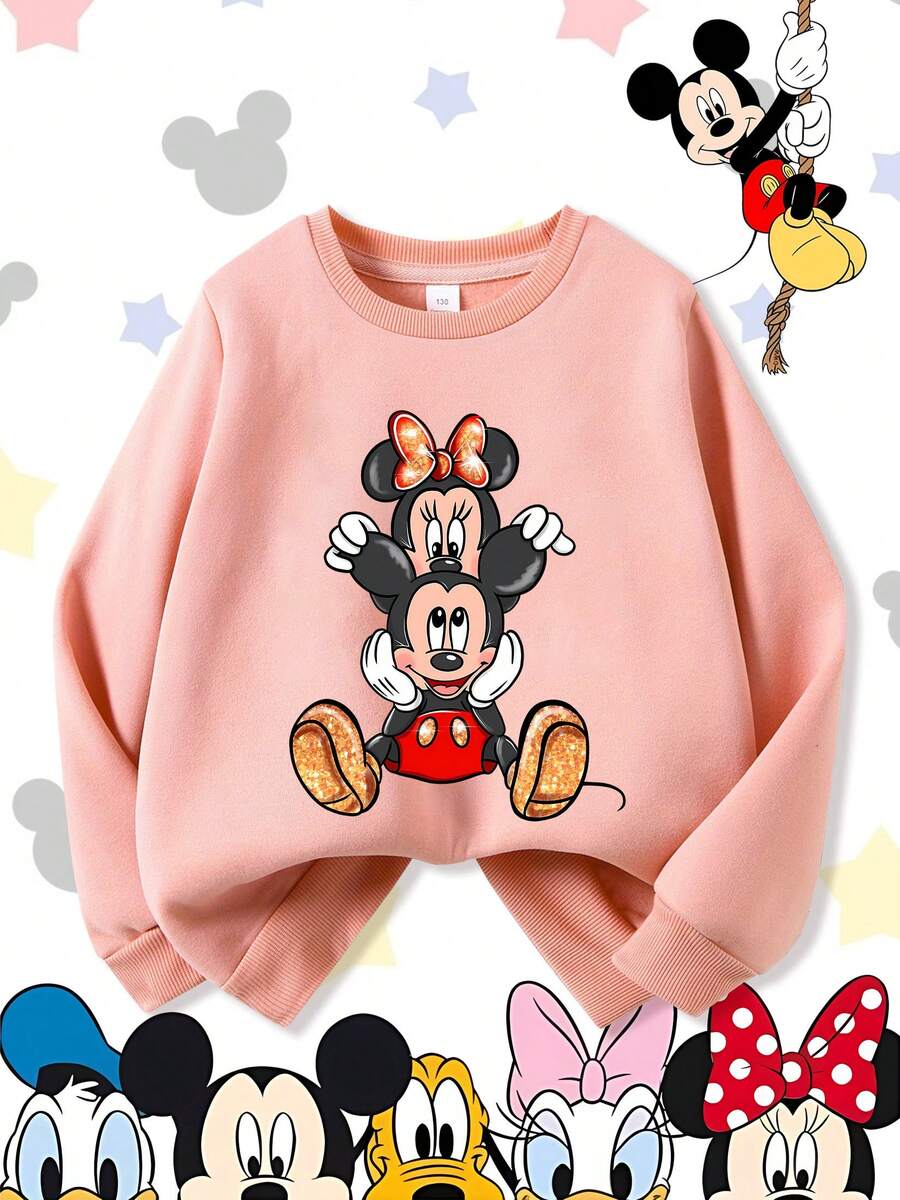 Disney Mickey & Minnie Mouse Best Friends Cute Stacked Comfortable Print Young Girls' Long Sleeve Sweatshirt, Suitable For Autumn/Winter, Lightweight And Cozy, Great For Layering In Fall, Fashionable Casual Wear, Graphic Design, Back To School Season, Autumn, Back To School Party, Suitable For Outdoor Picnic, Street Photography, Home, Campus, Holidays, New Year Gift - Hồng - Xem 1