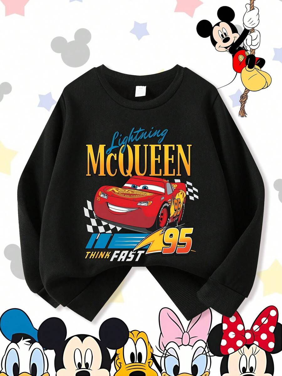 Disney Pixar Cars Lightning McQueen 95 "Think Fast" Racing Comfortable Print Young Girls' Long Sleeve Sweatshirt, Suitable For Autumn/Winter, Lightweight And Cozy, Great For Layering In Fall, Fashionable Casual Wear, Graphic Design, Back To School Season, Autumn, Back To School Party, Suitable For Outdoor Picnic, Street Photography, Home, Campus, Holidays, New Year Gift - màu đen - Xem 1