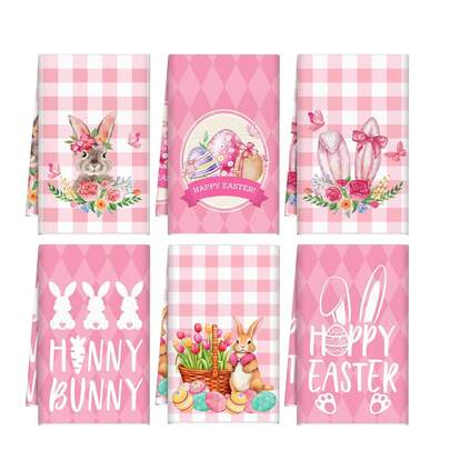 6pcs Plaid Floral Butterfly Multicolor Easter Bunny Kitchen Towels, 16 X 24 Inches, Cleaning Cloths, Machine Washable, Reusable, Dish Towels, Birthday Gift, Housewarming Gift For Friends, Kitchen Accessories, Household Necessities, Suitable For Cooking, Baking, Bathroom Cleaning, Outdoor Activities And Tea Party Decoration. Exquisite Design Enhances Home Decor