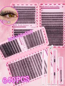 MEM 600/570/620pcs Eyelash Extension Kit, DIY Eyelash Extension Set, Individual Lash Cluster, D Curl Eyelash Extension Kit, Includes Adhesive, Sealant And Eyelash Extension Tools, Suitable For Daily Use, Travel, Beginners, Weddings, Dates, Parties, Holidays, Great For Christmas/Halloween/Gift Eyelash Set - màu đen - Xem 2