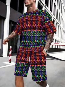 Two-Piece Minimalist Style Knitted Fabric Calm Grand Men's Set For Daily Work & Casual Dates, Summer Blue Black Texture All-Over Print Loose Short Sleeve Beach Shorts Set - 彩色 - 查看 3