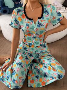 Women's Pajamas Stitch Print Lace Trim Rolled Button Short-Sleeve And Long-Pants Set - Multicolor - View 1
