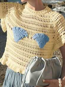 Live To Mo 女士镂空针织沙滩罩衫，饰有可爱贝壳图案，优雅的海洋元素设计，是夏季度假和情人节的完美之选。 - 黃色 - 查看 9