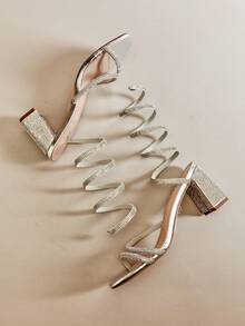 Hauture Women's Allover Rhinestone Embellished Square Toe Block Heel Coil Wrap Silver Dress Sandals – Dazzling, Slip-On & Occasion-Ready Essential Summer Shoes Spring Shoes Spring Break Easter Prom Heels Wedding Shoes For Christmas - Silver - View 2