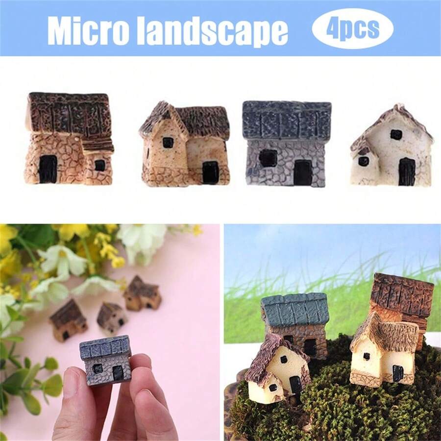 4PCS Miniature Exquisite Thumbnail Stone Houses Desktop Ornaments Garden Decoration - 4pcs - 查看 1