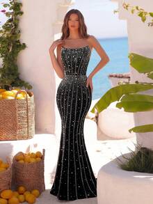 ADYCE 女士手工串珠压花露背高腰长款派对礼服，适合舞会、生日派对、正式晚宴、约会、返校节、婚礼宾客、盛大晚宴、家庭聚会、新年等各种场合，情人节春季黑色款 - 黑色 - 查看 6