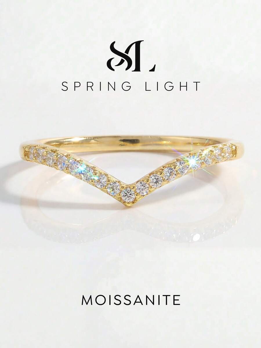 1pc Classic Unique V-Shaped Diamond & Moissanite Inlaid 925 Sterling Silver Luxury Wedding Ring, Engagement Ring, Promise Ring, Anniversary Ring, Women Jewelry Gift, Christmas Gift - Shallow V-shaped Moissanite Pavé Ring - View 1