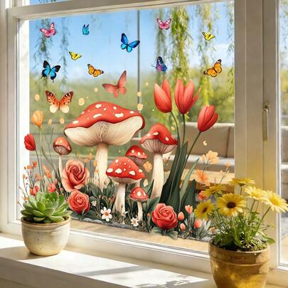 1/2 ملصق نافذة قابل لإعادة الاستخدام بشكل فطر أحمر، ملصقات زهرة التوليب ذات الالتصاق الثابت، ديكور منزلي لغرفة المعيشة DIY فن الجداريات، لوازم موسمية