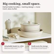 Ceramic Coated Cookware Set - PFOA-Free Non-Stick Multi-Pot With Detachable Handles | Induction/Gas/Oven 450°F, Stackable Design For Steaming, Frying & Sauteing (Cream) - Multicolor - View 3