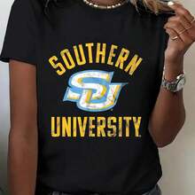1pc Southern University Womens T-Shirt - Short Sleeve Round Neck Breathable Casual Sports Top With Bold Letter Print Per - 黑色 - 查看 1