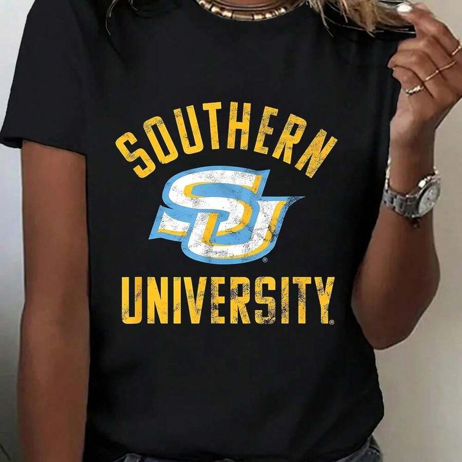 1pc Southern University Womens T-Shirt - Short Sleeve Round Neck Breathable Casual Sports Top With Bold Letter Print Per - 黑色 - 查看 1