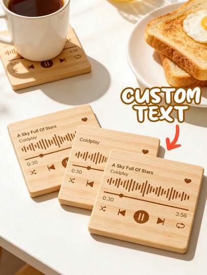 1pc Custom Text Music Player Wooden Coaster,Personalized Song Name & Artist Engraved Coaster,Valentine'S Day Gift,Home Bar Decor,Romantic Music-Themed Kitchen & Dining Accessory,Song Wooden Coaster Gift