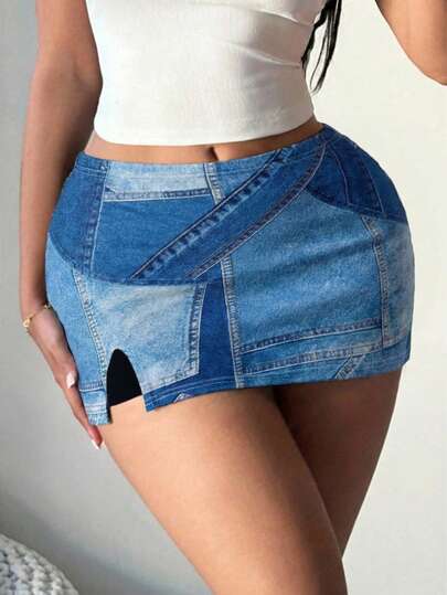 Modischer, vielseitiger Jeanseffekt Digital-Muster Spaltrock, Neuankömmling Frühling/Sommer, Sommer Outfits für Frauen, Minirock