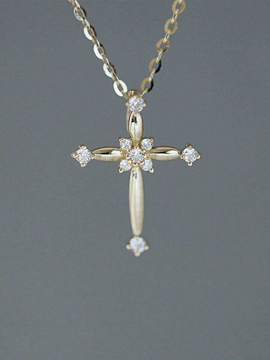 GAGAFEEL 1条S925纯银时尚个性化锆石十字架项链，女士生日婚礼永恒十字架吊坠项链珠宝礼品 - 金色 - 查看 1