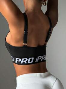 Women's Crew Neck Elastic Removable Padded Sports Bra With Fashionable Letter Knit Tape - Black - View 2