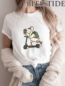 Funny Mother's Day April Fools' T-Shirt For Women | Duck Riding Scooter With Coffee Graphic Cotton Tee | Novelty Gift For Mom, Wife, Daughter - 白色 - 查看 3