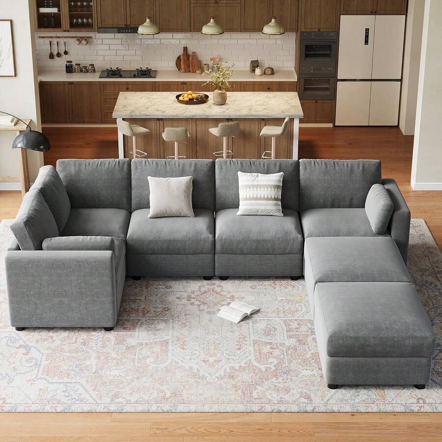 Sofá seccional modular sobredimensionado, sofá seccional de 7 plazas, sofá en forma de U de 138" con otomano móvil, sofá modular convertible para apartamento y oficina de sala de estar, Chenilla Gris - Gris - Ver 1