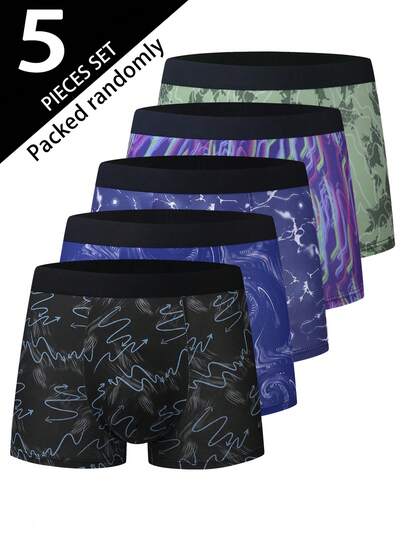 5pcs/Pack Assorted Fashionable & Versatile Men's Briefs, Comfortable Random Graffiti Print Men's Boxer Briefs