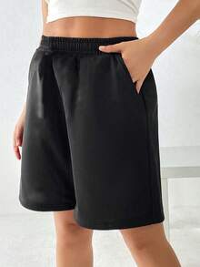 1 pieza Pantalones cortos sueltos, casuales y versátiles para ir al trabajo, al aire libre y deportes para adolescentes - Negro - Ver 5