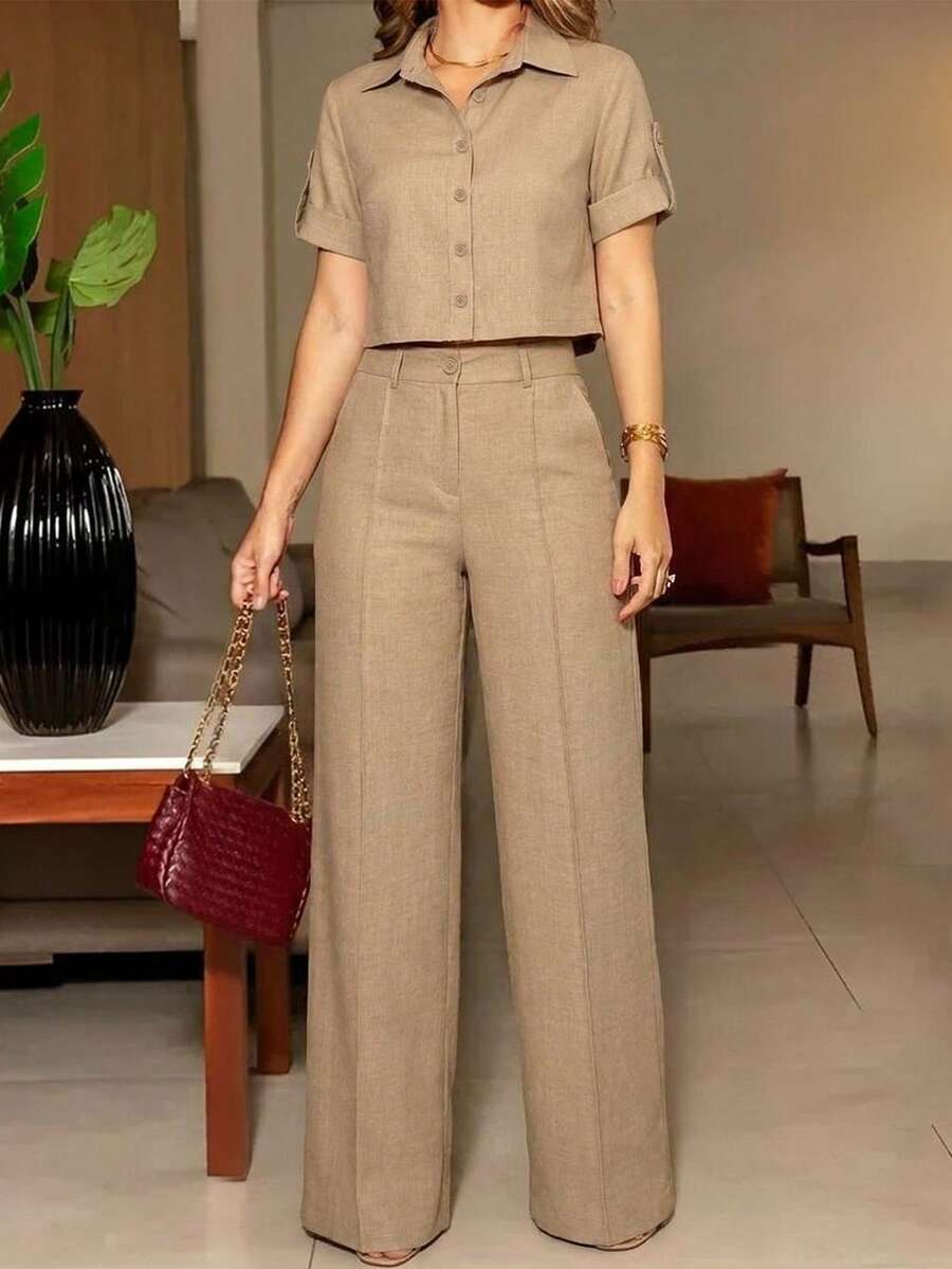 ANCHOSE Women's Khaki Short Turndown Collar Button Cuff Shirt + High Waist Elastic Waist Wide Leg Pants Set, Minimalist Casual Commuter Style, Spring/Summer - Khaki - View 1