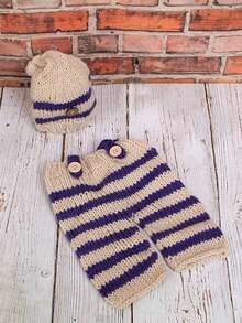 一套针织帽+围兜裤，新生儿摄影道具，手工编织条纹婴儿帽，蓝色 - 彩色 - 查看 5