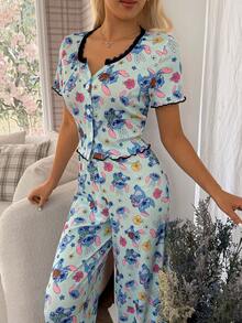 女士睡衣套装，缝线印花蕾丝边饰卷边纽扣短袖长裤套装 - 彩色 - 查看 5