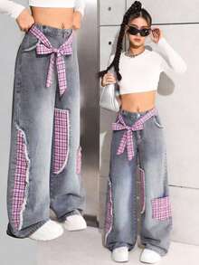 13-16 Years Old Teen GirlBlue Plaid Waist Belt Washed Ripped Plaid Denim Jeans - Blue - View 2