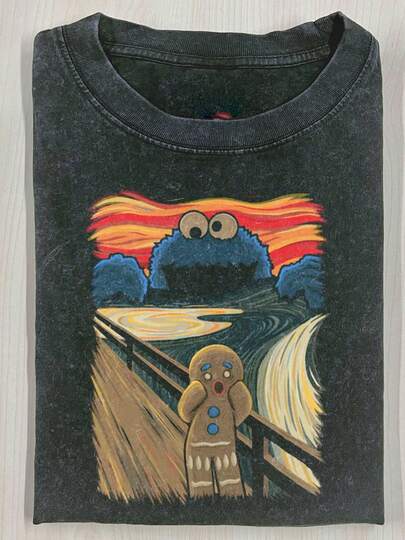 Screaming Biscuit Monster, 230g Washed, Printed T-Shirt, High-Quality Batik Cotton, Heavyweight New Retro Fashion Brand T-Shirt, Round Neck Loose Plus Size Casual Shirt, The Same For Men And Women, Perfect Holiday Gift.