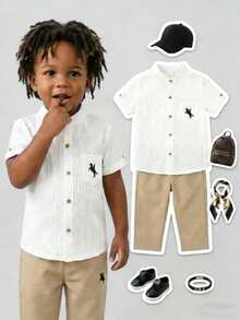 1 Peça Conjunto Casual para Menino Jovem, Tecido de Poliéster de Cor Sólida com Gola Padre, Confortável e Elegante, Adequado para Escola e Uso Diário, Uma Escolha Ativa e Minimalista para o Verão de um Garotinho - Caramelo - Visão 9